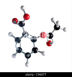 Molecola di aspirina. Gli atomi sono rappresentati da sfere e sono codificati a colori: carbonio (nero) idrogeno (bianco) e ossigeno (rosso). Foto Stock