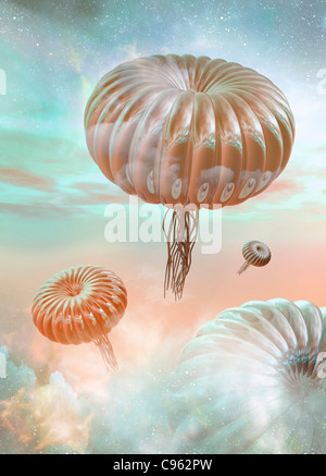 Alien forme di vita. Computer grafica di alien flottante di forme di vita tra le nuvole di Giove. Foto Stock