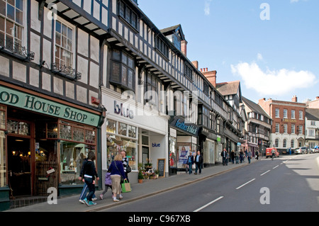 Negozi di St Mary Street, Shrewsbury, Shropshire Foto Stock