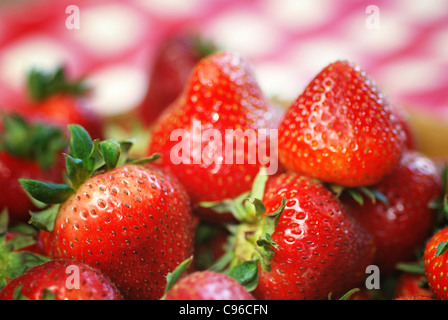 Ciotola di legno pieno di fragole fresche su un tavolo da picnic Foto Stock