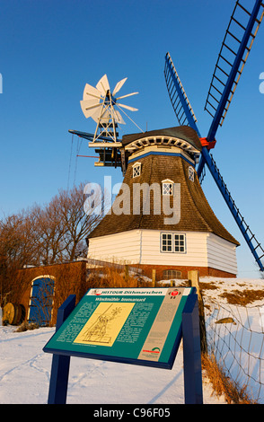 Storico mulino IMMANUEL, smock mill, Kronprinzenkoog village, Dithmarschen distretto, Schleswig-Holstein, Germania Foto Stock