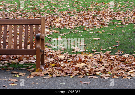 Parte di un vuoto di panca in legno tra le foglie cadute in un parco su una noiosa giornata d'autunno Foto Stock