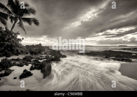 Nuvole al tramonto e wave con palme. Maui, Hawaii. Foto Stock