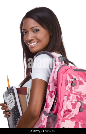 Istruzione - serie Friendly etnici femmina nero con studente di scuola superiore con zaino e composizione prenota Foto Stock