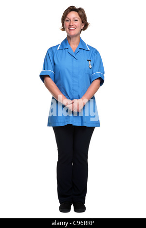 Foto di una femmina di infermiera in uniforme isolato su uno sfondo bianco. Foto Stock