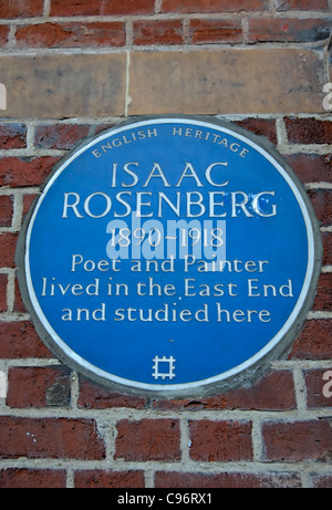 English Heritage targa blu di commemorazione del poeta e pittore Isaac rosenberg e i suoi legami con la east end di Londra Foto Stock