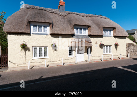 Un grande cottage con il tetto di paglia a Godshill sull'Isola di Wight in Inghilterra Foto Stock