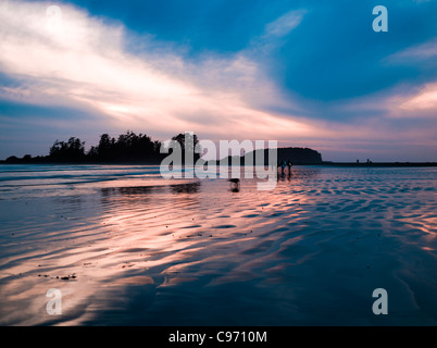 Tramonto con surfers in lontananza sul sud chesterman beach, l'isola di Vancouver, British Columbia, Canada Foto Stock