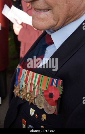 Un vecchio soldato, un veterano della Seconda guerra mondiale indossa la sua campagna di medaglie di guerra con orgoglio sul giorno del ricordo. Foto Stock