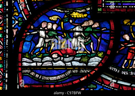 Philip Scot e le rane, Becket miracolo finestra 6, Trinità ambulatoriale cappella medievale, vetrate, Cattedrale di Canterbury Kent Foto Stock