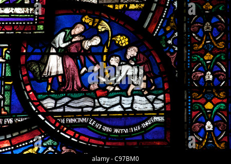 Philip Scot e le rane, Becket miracolo finestra 6, Trinità ambulatoriale cappella medievale, vetrate, Cattedrale di Canterbury Kent Foto Stock