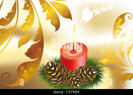 Decorativo scheda di natale con candela sul golden sfondo scintillante Foto Stock