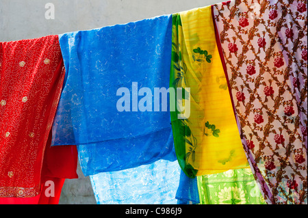 Colorati sari indiani appesi ad asciugare su una linea di lavaggio. Andhra Pradesh, India Foto Stock