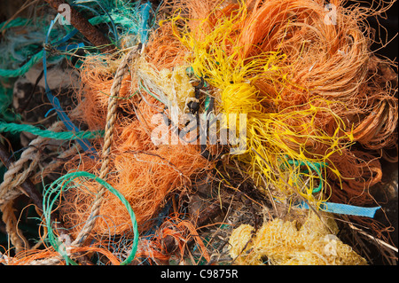 Massa di weathered funi in nylon e reti da pesca catturati su un inguine Foto Stock