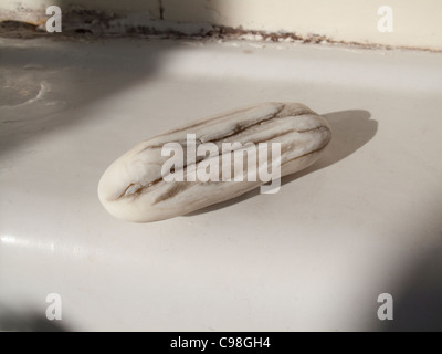 Resto di molto vecchia barra di sapone sul dissipatore di ceramica Foto Stock