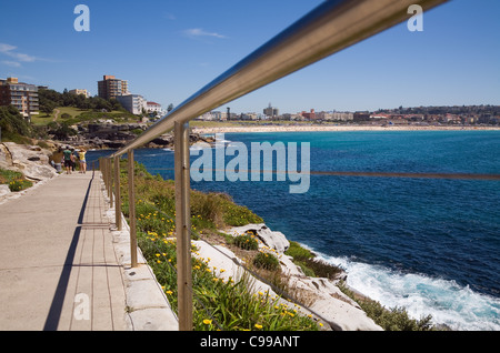 Vista lungo il Bondi a Coogee clifftop trail con la spiaggia di Bondi in background. Sydney, Nuovo Galles del Sud, Australia Foto Stock