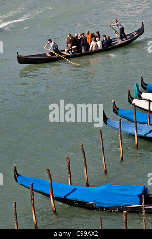 Una gondola piena di turisti essendo remato da due gondolieri permanente, tradizionalmente vestiti con camicie a righe, Grand Canal, Venezia Foto Stock