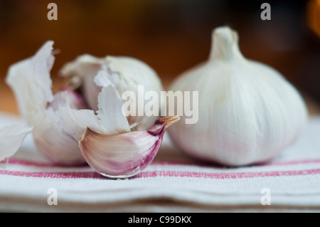 Due teste di aglio, uno rotto aprire per mostrare un singolo spicchio di rosa, malva tint per la pelle Foto Stock