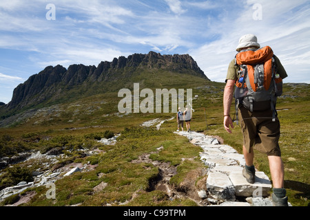 Escursionista sull'Overland Track con Cradle Mountain in background. Cradle Mountain-Lake St Clair National Park, la Tasmania, Australia Foto Stock