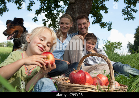 In Germania, in Baviera, Altenthann,Ragazza con cesto di mele, famiglia con cane in background Foto Stock