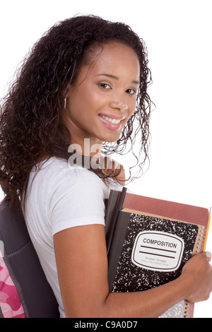 Istruzione - serie Friendly etnici femmina nero studente di scuola superiore con zaino e composizione prenota Foto Stock