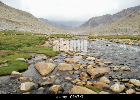 Sul modo di Nubra valley, un paio di strade parallele sono anche visto. Il fiume Shyok incontra il Nubra o fiume Siachan per formare un grande val Foto Stock