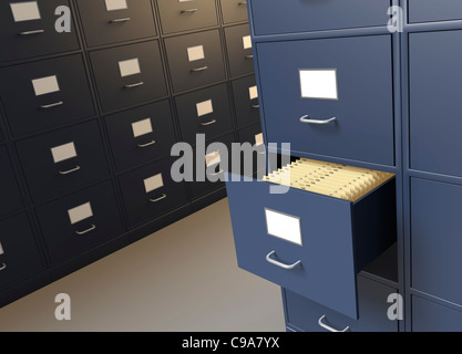 File cabinet room con un cassetto aperto completo dei file Foto Stock