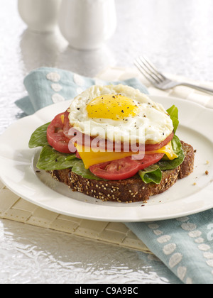 Una prima colazione a sandwich con stack toast, rucola, pomodoro, formaggio, prosciutto e un uovo su una piastra bianca Foto Stock