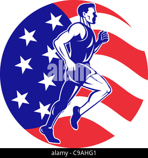 Illustrazione di una illustrazione di un maschio di Marathon road runner fitness pareggiatore di formazione in esecuzione su strada con la bandiera americana a stelle e Foto Stock