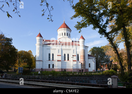 Il lituano edificio storico patrimonio religioso: il bianco iconico Santa Madre di Dio Chiesa Vilnius Lituania in una giornata di sole in autunno con il blu del cielo Foto Stock