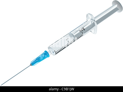 Siringa monouso con la medicina isolati su sfondo bianco Foto Stock