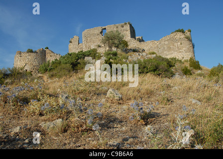 La rovina di Château d'Aguilar, un castello medievale costruito da Catari vicino a Tuchan nel Pays Cathare, Aude, Francia Foto Stock