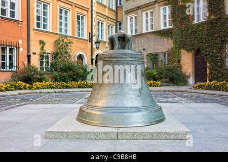 Enorme del xvii secolo incrinato campana di bronzo sulla Kanonia Square nella Città Vecchia di Varsavia, Polonia Foto Stock