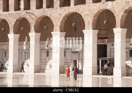 I visitatori nel cortile aperto della moschea degli omayyä di nella città vecchia di Damasco, Siria. Foto Stock