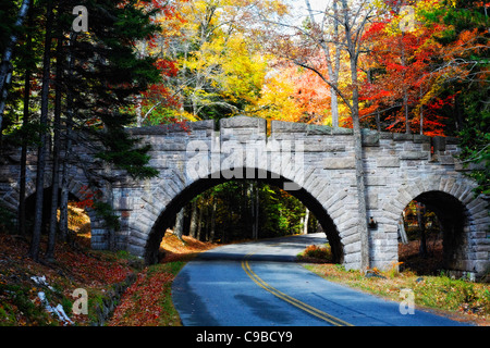 Il ponte di pietra su una strada carrozzabile, Parco Nazionale di Acadia, Maine Foto Stock