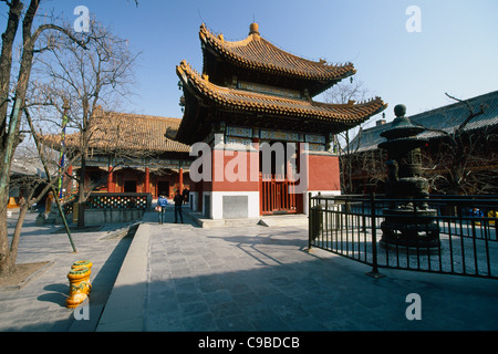 Bronzo bruciatore di incenso davanti la Stele Pavilion, il Tempio dei Lama a Pechino, Cina Foto Stock