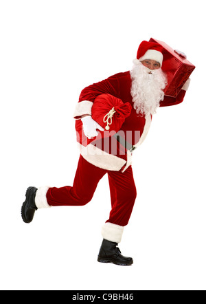 Foto di felice Santa Claus in esecuzione con red giftbox e sacco in mani Foto Stock