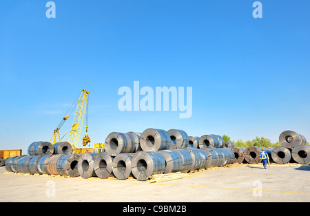 Rotoli confezionati in lamiera di acciaio Foto Stock