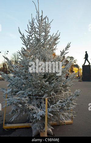 Parigi, Francia, White Christmas Tree sul display sul marciapiede a Champs Elysees Mercatino di Natale Foto Stock