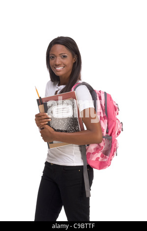 Istruzione - serie Friendly etnici femmina nero studente di scuola superiore con zaino e composizione prenota Foto Stock