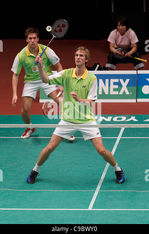 Badminton Giocatori Koen Ridder (sinistra) e Ruud Bosch (destra) dai Paesi Bassi Foto Stock