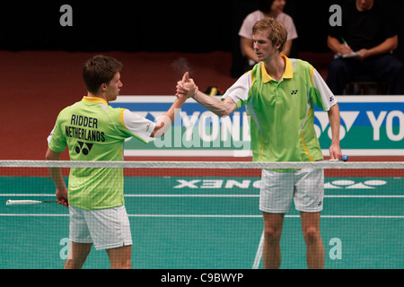 Badminton Giocatori Koen Ridder (sinistra) e Ruud Bosch (destra) dai Paesi Bassi Foto Stock