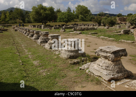 Arte greche. Il Leonidaion. Luogo di alloggio per gli atleti che partecipano ai Giochi Olimpici a Olympia. I capitelli ionici. Foto Stock