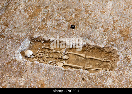 Uno scheletro umano in mostra nel suo originale luogo di sepoltura al Palazzo Romano di Fishbourne, vicino Chichester, West Sussex UK Foto Stock