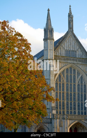 Fronte ovest della cattedrale di Winchester in novembre al sole con bronzo-lasciato tree e le persone che si godono la unseasonable meteo. Foto Stock