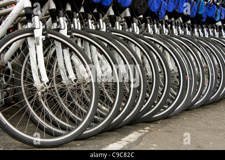 Diverse mountain bike allineate su una strada pronti per essere utilizzati da turista a San Fransisco vicino ai piloni Foto Stock