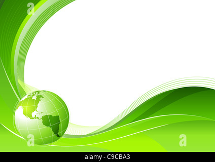 Illustrazione di verde di linee astratte di sfondo - Composizione delle linee curve e globo. Foto Stock