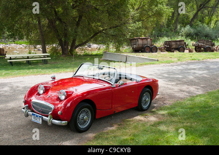 Austin Healey Sprite a valle Orchard Farm e Ponte nero cantina, Paonia, Colorado. Foto Stock