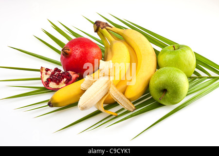 Frutti tropicali su una foglia di palma isolata su bianco. Banana, melograno, Apple Foto Stock