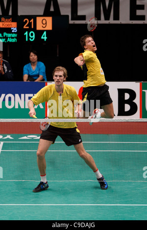 Badminton Giocatori Ruud Bosch (sinistra) da e Koen Ridder (destra) dai Paesi Bassi Foto Stock